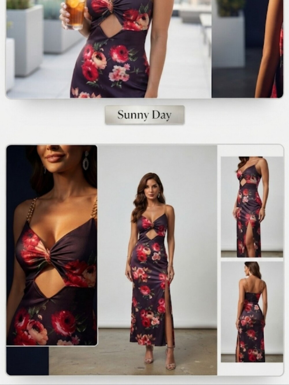 ChicMe Floral Maxi Dress with Gold Chain Detail - Size L